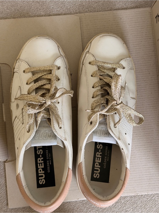 Golden Goose Shoes - Golden Goose White Leather Sneakers with Gold Braided Laces and Blush Heel